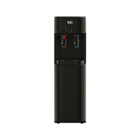 The Brio 300 Series Black Bottom Load Water Cooler features hot and cold spouts, LED indicator lights, and self-cleaning technology, shown against a white background for a modern touch to any space.