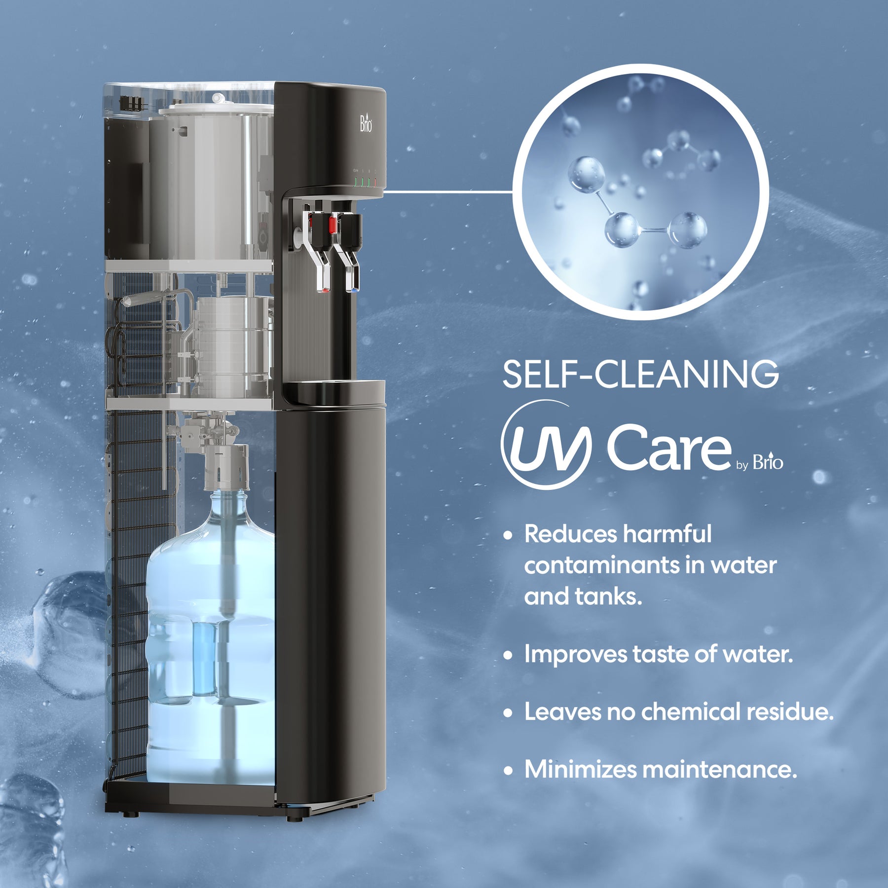 The Brio 300 Series Black Bottom Load Water Cooler is shown in cutaway with a 5-gallon bottle inside. Features include self-cleaning for fewer contaminants, better taste, less residue, low maintenance, and a built-in child safety lock.