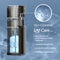 The Black Bottom Load Water Dispenser - 300 Series features a cutaway view revealing its internal components, alongside a water jug and a close-up of water droplets. Advanced self-cleaning technology reduces contaminants, enhances taste, leaves no residue, and keeps maintenance to a minimum. For added peace of mind, this dispenser also includes a convenient child safety lock.