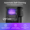 A black Bottom Load Bullet Ice & Hot/Cold Water Dispenser – Model 320 Ice with a glowing purple interior is shown. Text highlights Automatic Self-Cleaning and contaminant protection, with icons for effortless maintenance, biofilm elimination, and chemical-free operation.