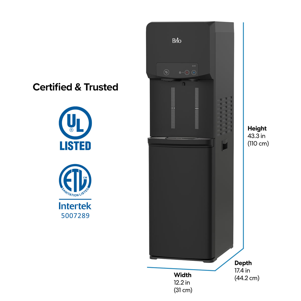 Bottom Load Bullet Ice & Hot/Cold Water Dispenser - Model 320 Ice in black with certification badges on the left; this bottom load water cooler features convenient dimensions: height 43.3 in (110 cm), width 12.2 in (31 cm), depth 17.4 in (44.2 cm).
