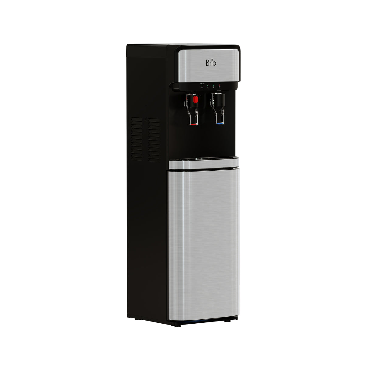 The Stainless Steel Bottom Load Water Cooler - 300 Series features hot and cold taps, a black stainless steel finish, Brio logo, child safety lock, and a bottom-loading compartment for your water jug.