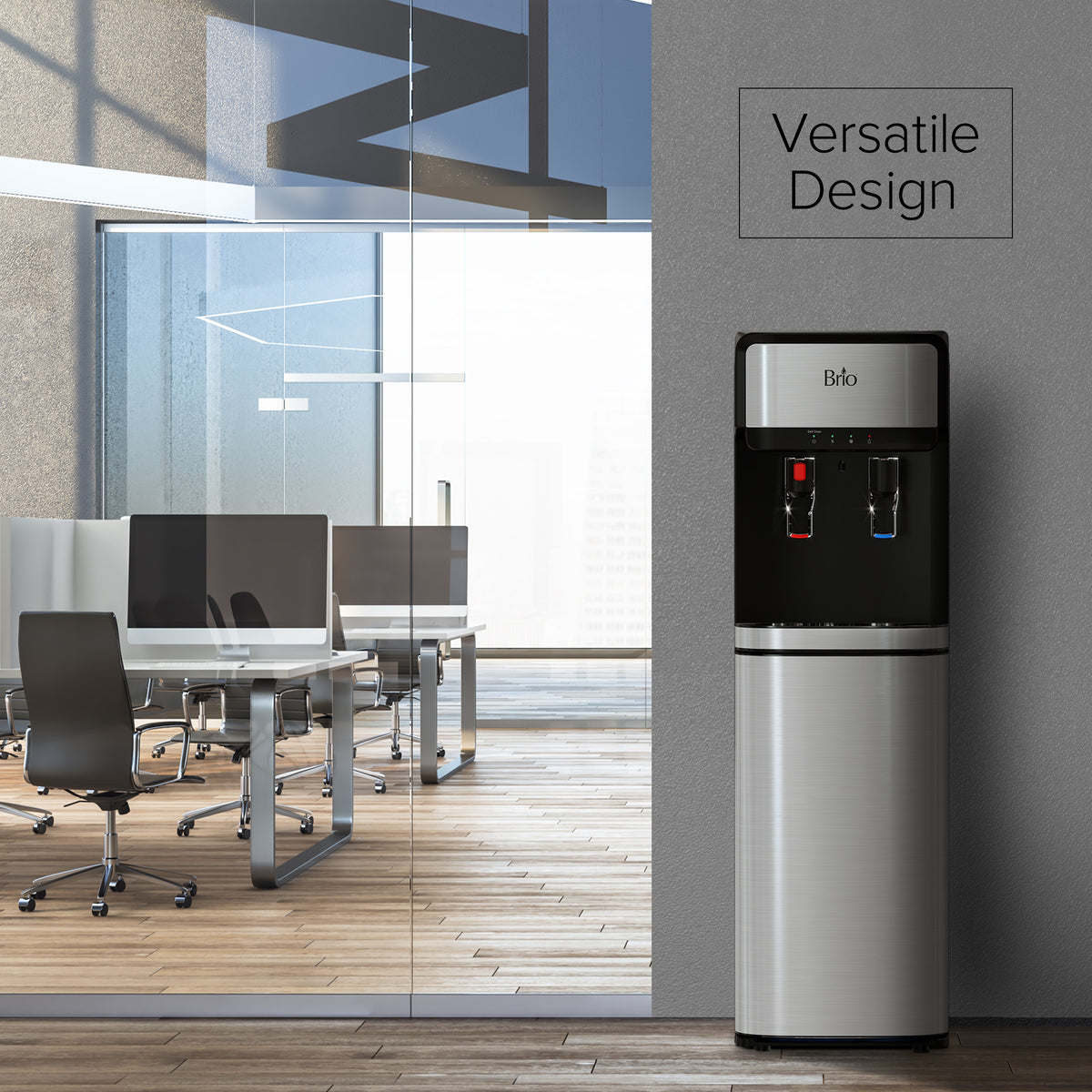 A modern office with desks and computers is visible through glass. In the foreground, a Stainless Steel Bottom Load Water Cooler - 300 Series stands against a gray wall with "Versatile Design" displayed.