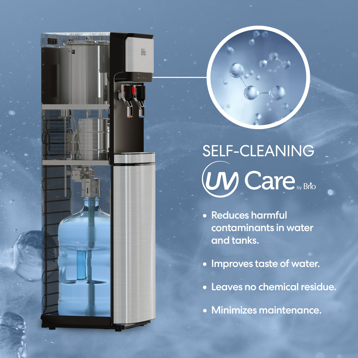 The Stainless Steel Bottom Load Water Cooler - 300 Series features a visible inner tank, large jug capacity, and Brio’s advanced self-cleaning tech to reduce contaminants, improve taste, minimize upkeep, leave no residue, and includes a child safety lock.