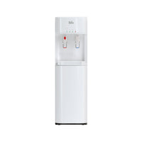The Brio 300 Series White Bottom Load Water Cooler stands against a plain background, featuring two faucets—red for hot and blue for cold—a child safety lock, and the “Brio” logo displayed at the top.