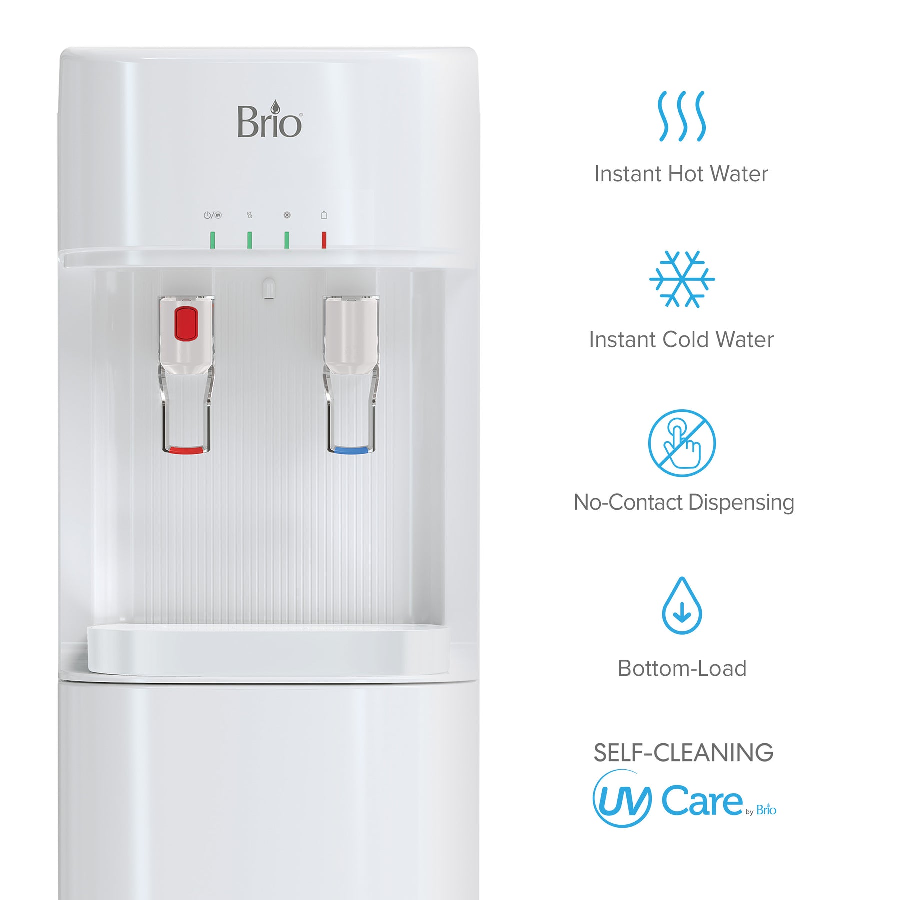 The Brio 300 Series White Bottom Load Water Cooler features two spouts for instant hot and cold water, a child safety lock, no-contact dispensing, and self-cleaning—all designed for convenience and safety.