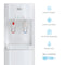 The White Bottom Load Water Cooler - 300 Series features two levers for hot and cold water, with icons showing instant hot/cold options, child safety lock, no-contact dispensing, and self-cleaning technology.