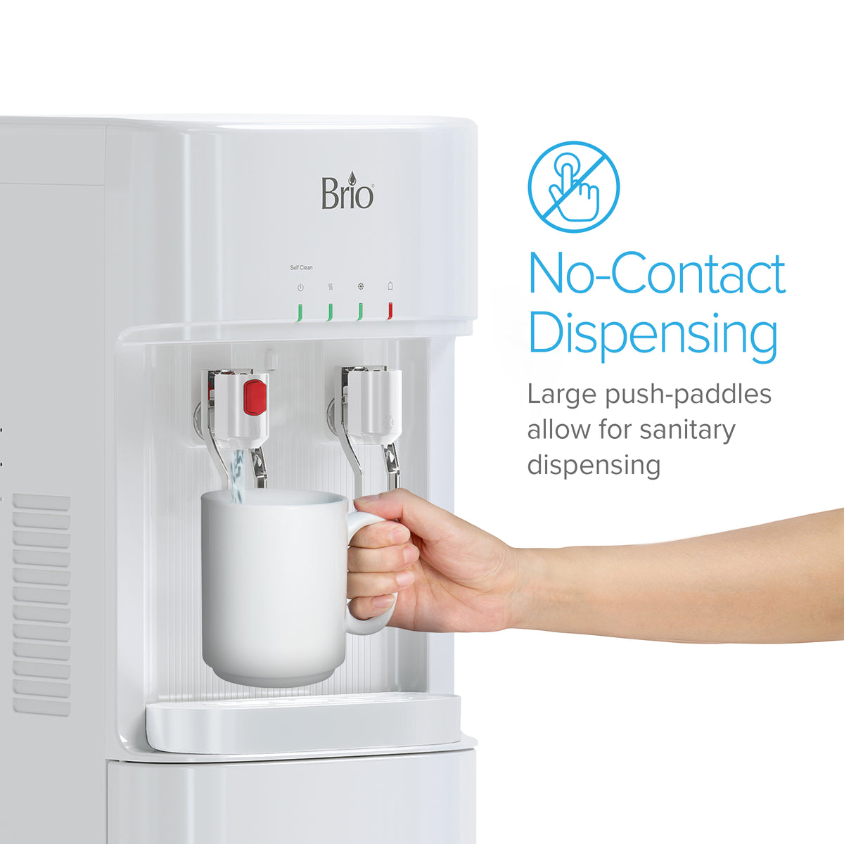A person fills a white mug from the White Bottom Load Water Cooler - 300 Series using large push-paddles. Text reads: No-Contact Dispensing. Large push-paddles enable sanitary, hands-free use.
