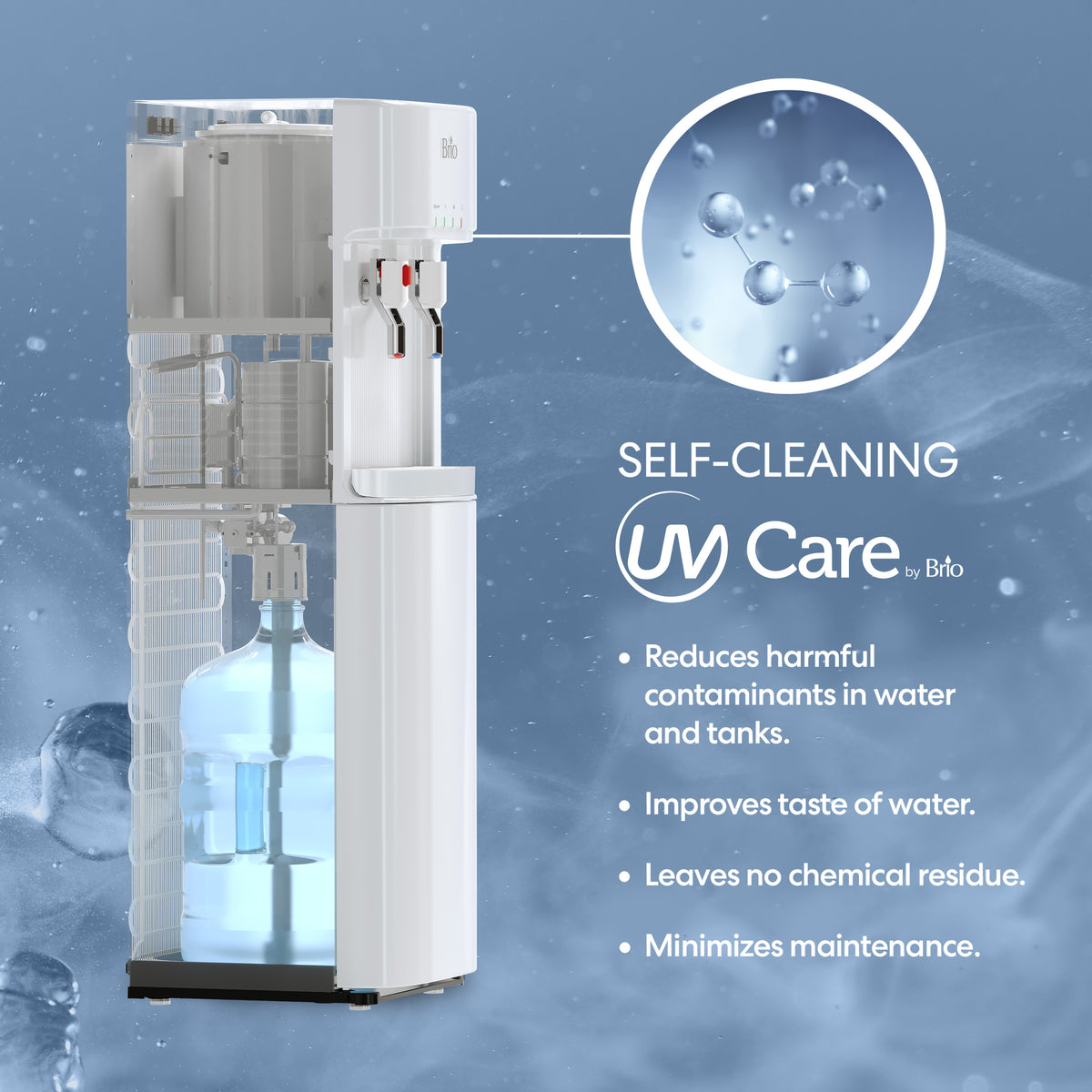 A White Bottom Load Water Cooler - 300 Series features self-cleaning technology to reduce contaminants, improve water taste, leave no residue, and minimize maintenance, with a graphic showing clean water droplets.
