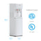 The White Bottom Load Water Cooler - 300 Series features hot and cold taps, a child safety lock, and is ETL/UL certified. Its dimensions are 40.9" H x 14.17" W x 12.2" D, shown in blue text beside the freestanding white unit.