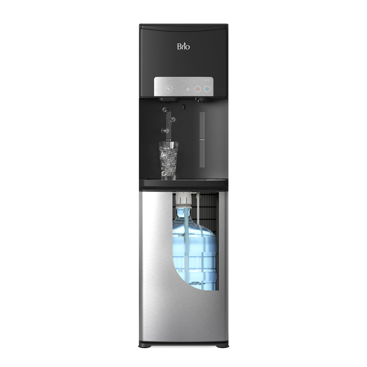 The Bottom Load Bullet Ice & Hot/Cold Water Dispenser - Model 420 Ice features a standing design with a black top, silver bottom, and a visible blue water jug inside. This sleek dispenser is shown filling a glass with refreshing water and ice.