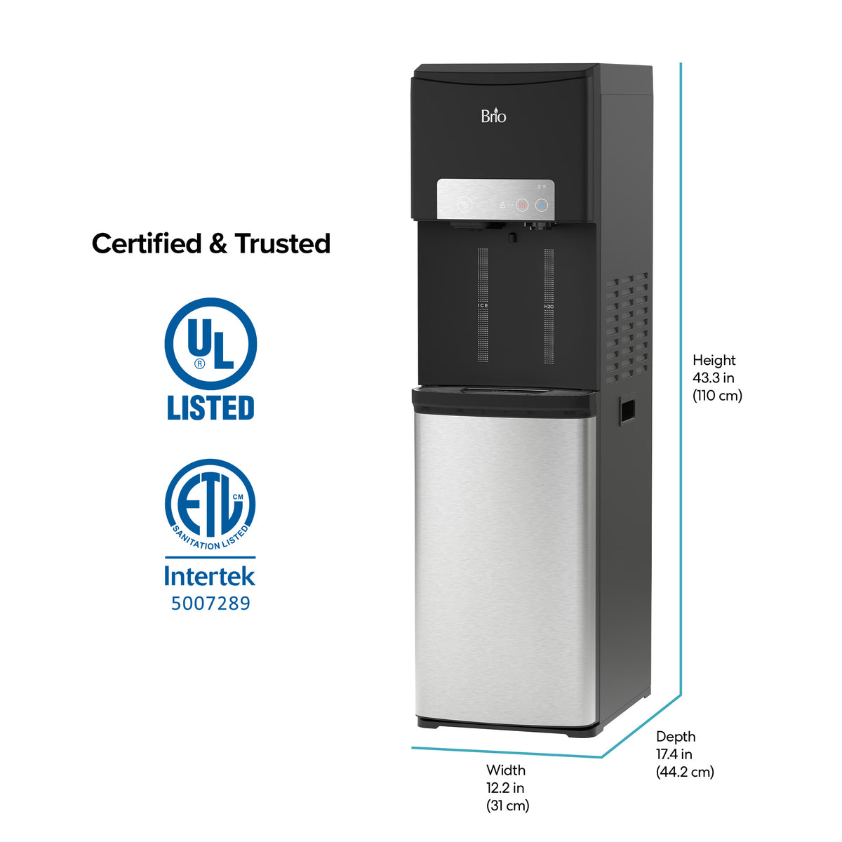 Introducing the Bottom Load Bullet Ice & Hot/Cold Water Dispenser - Model 420 Ice in sleek black and silver, featuring a convenient water and ice dispenser with certifications displayed on the left side. UV self-cleaning technology maintains fresh water quality, while dimensions (43.3″ height, 12.2″ width, and 17.4″ depth) are clearly labeled on the right.