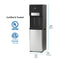 Introducing the Bottom Load Bullet Ice & Hot/Cold Water Dispenser - Model 420 Ice in sleek black and silver, featuring a convenient water and ice dispenser with certifications displayed on the left side. UV self-cleaning technology maintains fresh water quality, while dimensions (43.3″ height, 12.2″ width, and 17.4″ depth) are clearly labeled on the right.