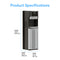Bottom Load Water Dispenser - Model 420: This sleek black and silver stainless steel water cooler features a convenient bottom load design, offering a modern hydration solution for any space. Under the Product Specifications heading next to the machine, product dimensions are listed as height 41.4 inches, depth 15.6 inches, and width 12.2 inches.