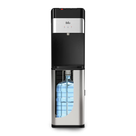 The Brio 430 Series Bottom Load Water Cooler offers tri-temperature dispensing, push-button controls, a stylish stainless steel and black finish, and a large blue water jug housed in the lower compartment.