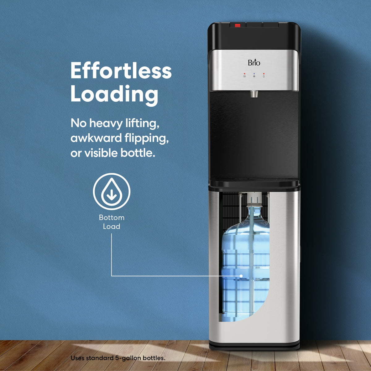 The Bottom Load Water Dispenser - Model 430 offers effortless 5-gallon bottle loading with no heavy lifting or flipping required, and the bottle stays neatly concealed. Featuring hot and cold water options and a sleek stainless steel design, this dispenser sits elegantly against a blue wall.