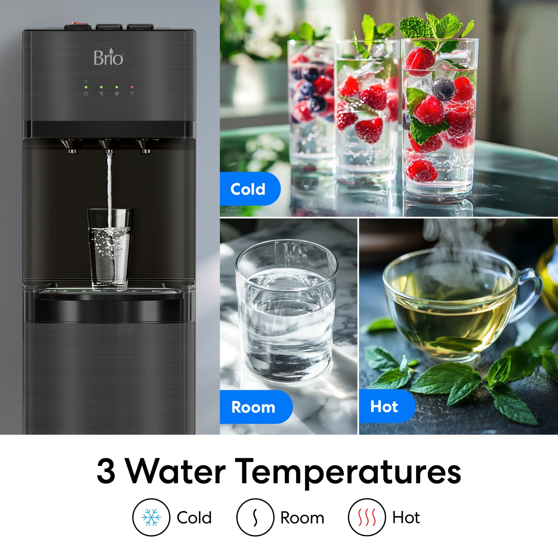 A Brio 500 Series Self-Cleaning Black Stainless Bottom Load Water Cooler fills a glass. Next to it are images of cold fruit water, room temperature water, and hot tea labeled Cold, Room, and Hot. Text: 3 Water Temperatures.