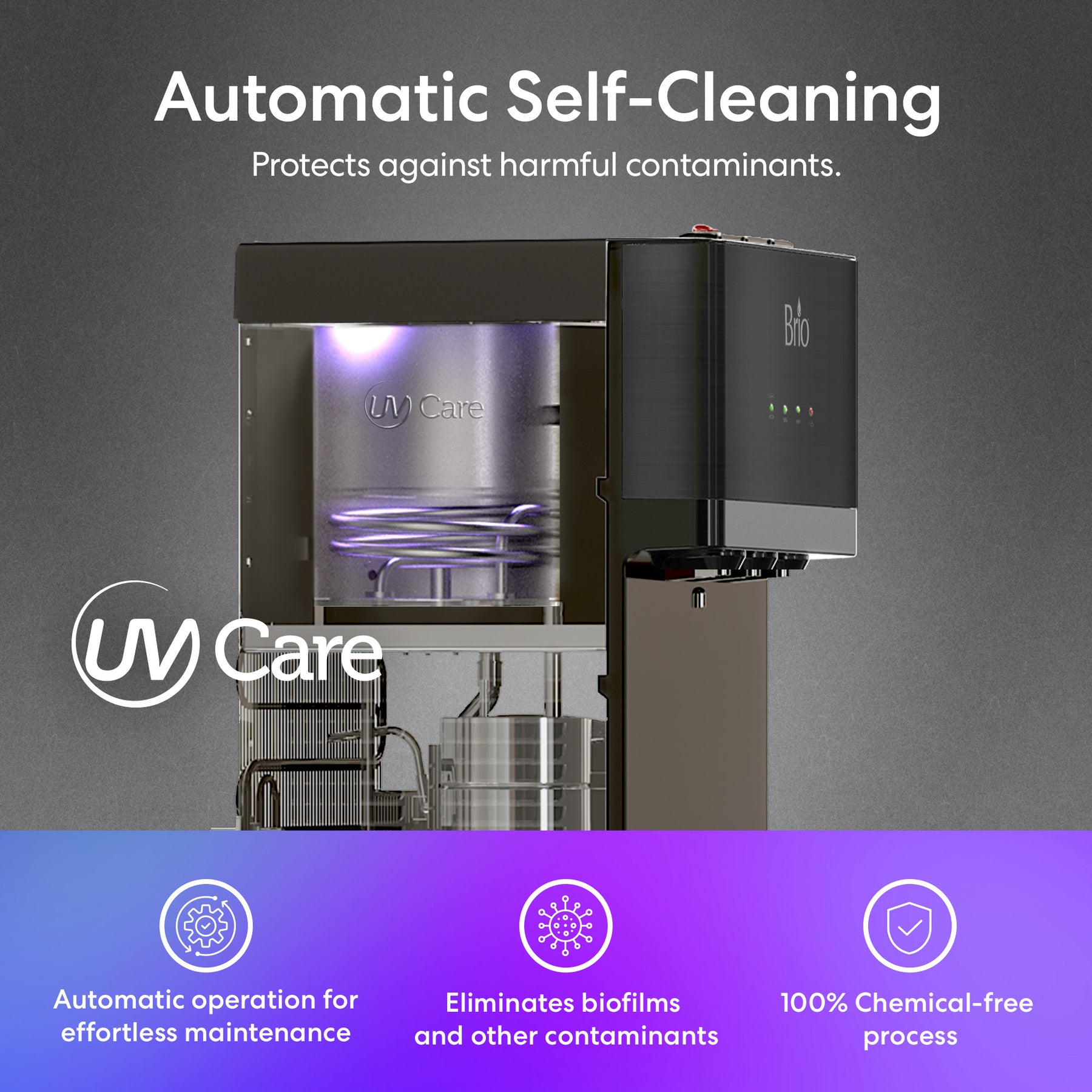 The Brio 500 Series Self-Cleaning Black Stainless Bottom Load Water Cooler features automatic, chemical-free cleaning to eliminate biofilms and harmful contaminants. UV Care branding ensures protection and modern style.