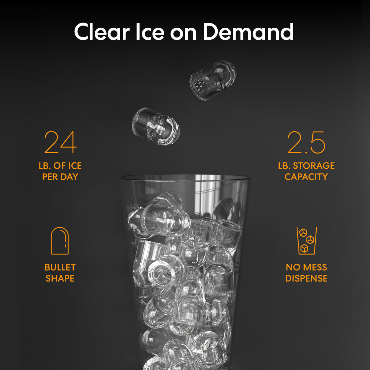 A glass filled with clear, bullet-shaped ice cubes—some in midair as they fall. Text reads: Bottom Load Bullet Ice & Hot/Cold Water Dispenser - Model 520 Ice. Features listed: Produces up to 24 lb. of ice per day, 2.5 lb. ice storage capacity, bullet-shaped cubes, and a no mess dispensing system—offering all the convenience you expect from a premium water and bullet ice dispenser.