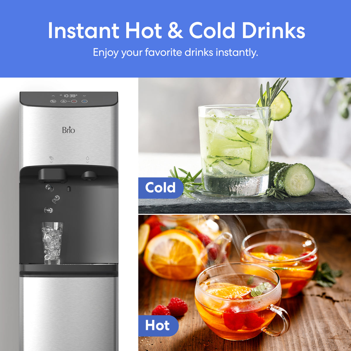 Bottom Load Bullet Ice & Hot/Cold Water Dispenser - Model 520 Ice serving ice-cold cucumber water and two mugs of hot tea with citrus and berries. Text reads: Instant Hot & Cold Drinks—enjoy your favorites instantly.