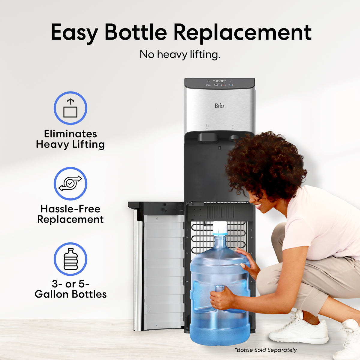 A woman slides a large water bottle into the bottom compartment of the Bottom Load Bullet Ice & Hot/Cold Water Dispenser - Model 520 Ice, with text highlighting an easy, heavy-lifting-free bottle replacement for 3- or 5-gallon bottles.
