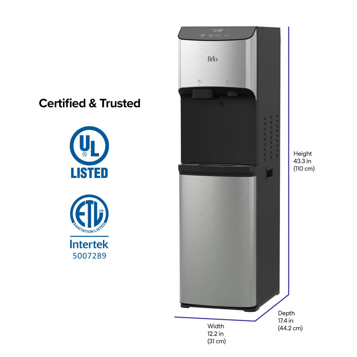 Introducing the Brio Bottom Load Bullet Ice & Hot/Cold Water Dispenser - Model 520 Ice, a sleek stainless steel unit with a black top. This bottom load water cooler dispenses both hot and cold water for your convenience and features bullet ice production. With dimensions of 43.3 in (110 cm) in height, 12.2 in (31 cm) in width, and 17.4 in (44.2 cm) in depth, it is certified by UL and ETL, with the logos displayed on the left.