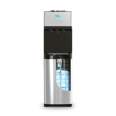 The Brio 500 Series Self-Cleaning Bottom Load Water Cooler features a stainless steel and black design, two spouts, top control buttons, and a visible bottom-loaded water bottle for tri-temperature dispensing.