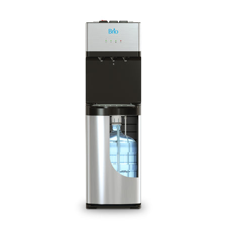 The Brio 500 Series Self-Cleaning Bottom Load Water Cooler features a stainless steel and black design, two spouts, top control buttons, and a visible bottom-loaded water bottle for tri-temperature dispensing.