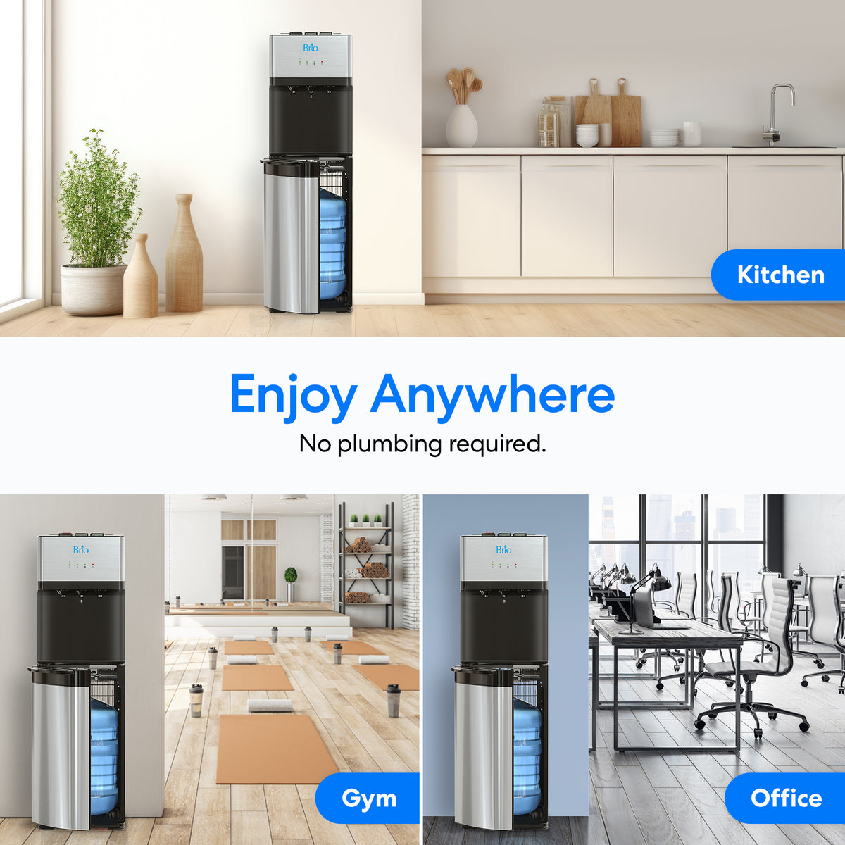 The Stainless Steel Bottom Load Water Dispenser - 520 is featured in a kitchen, gym, and office environment with the message “Enjoy Anywhere. No plumbing required.” Labels highlight Kitchen, Gym, and Office. The dispenser’s bottom compartment accommodates a large water jug and includes self-cleaning UV technology to deliver fresh, pure water every time.