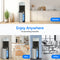 The Stainless Steel Bottom Load Water Dispenser - 520 is featured in a kitchen, gym, and office environment with the message “Enjoy Anywhere. No plumbing required.” Labels highlight Kitchen, Gym, and Office. The dispenser’s bottom compartment accommodates a large water jug and includes self-cleaning UV technology to deliver fresh, pure water every time.