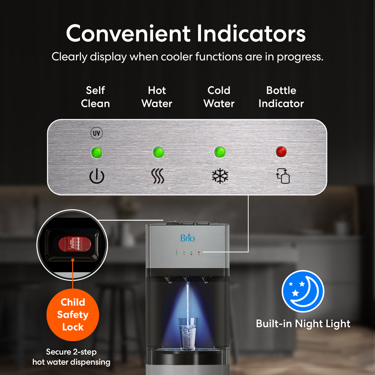 The control panel of the Stainless Steel Bottom Load Water Dispenser - 520 features clear self-clean, hot water, cold water, and bottle indicators. It utilizes self-cleaning UV technology for enhanced hygiene and comes equipped with a child safety lock and built-in night light. The easy-to-use panel includes clearly labeled buttons and indicator lights for convenience.