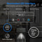 Black Stainless Bottom Load Water Dispenser - Moderna 720 features an illuminated LED control panel with clearly labeled buttons for hot and cold water, self-cleaning mode, a child safety lock, and a built-in night light. The sleek stainless steel design is showcased with a glass of water placed beneath the dispenser to illustrate it in use.