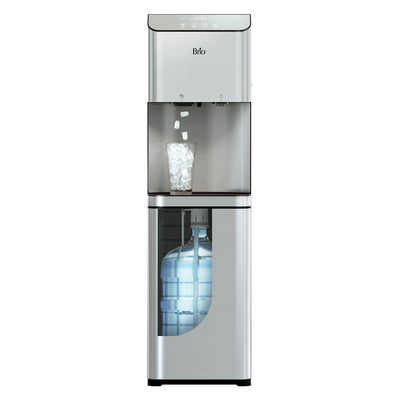The Brio Moderna Ice Dispenser & Bottom Load Water Cooler dispenses ice into a clear glass packed with cubes, with a large blue water jug visible through a cutout for this image.
