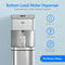 The Bottom Load Water Dispenser - 720 Moderna dispenses water into a glass, with icons highlighting its bottom loading design, three temperature options, and automatic stainless steel self-cleaning. Text reads: No Heavy Lifting.