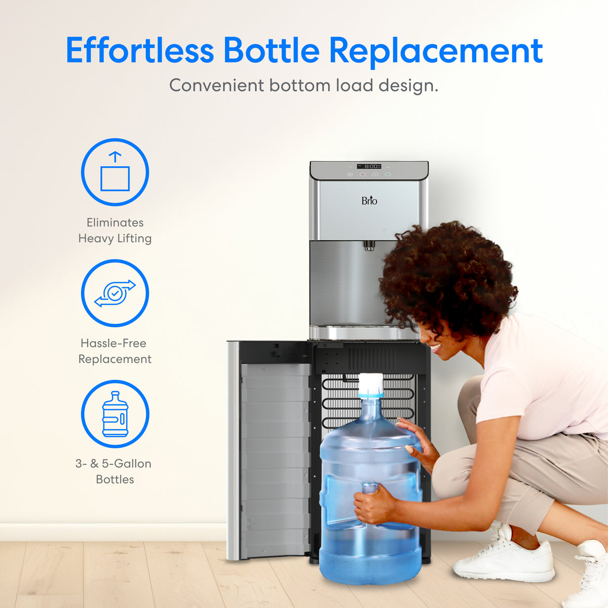 A woman loads a water bottle into the 720 Moderna Bottom Load Water Dispenser, which features a stylish stainless steel finish. The text highlights its convenient bottom load design that eliminates heavy lifting, hassle-free bottle replacement, compatibility with 3- and 5-gallon bottles, and built-in self-cleaning functionality.