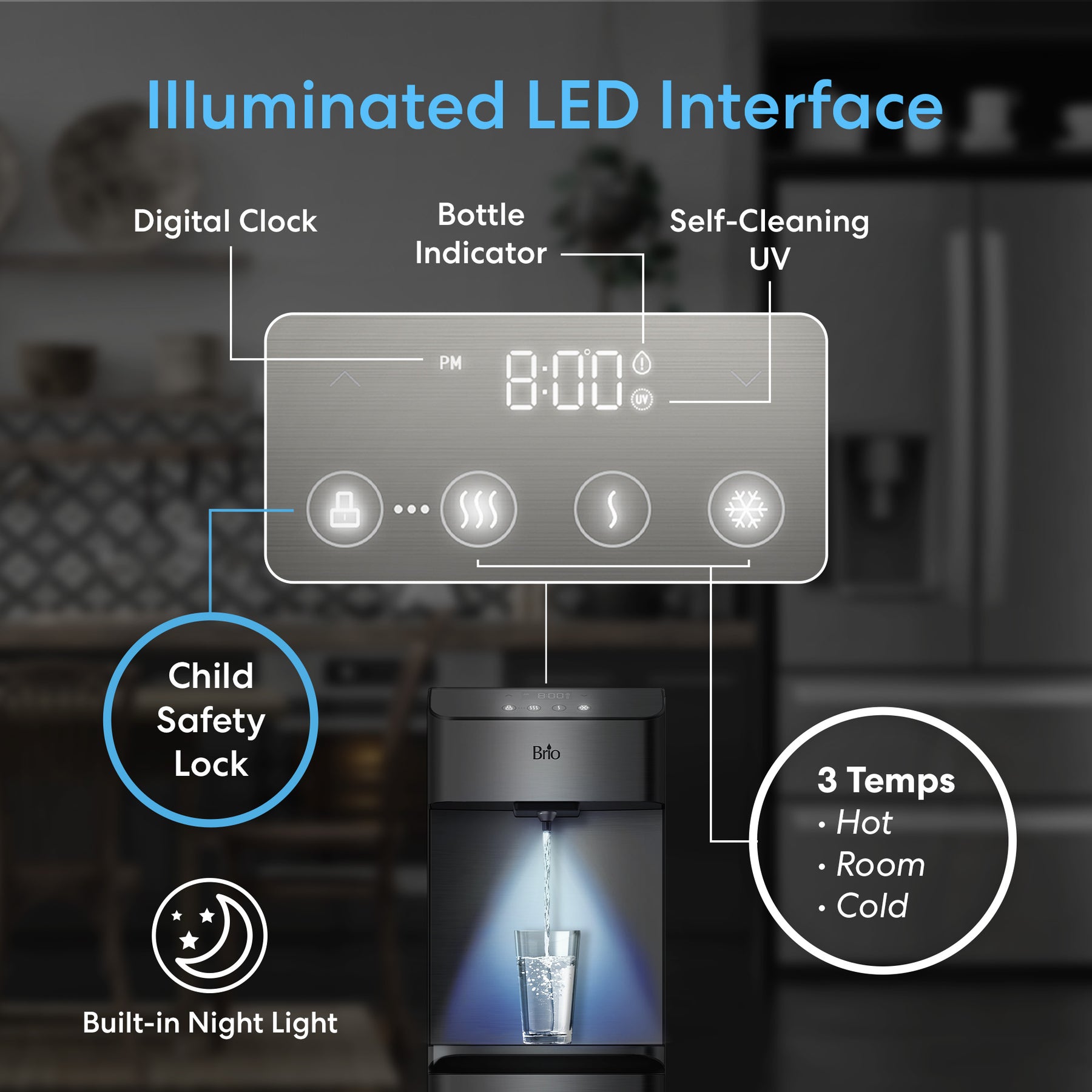 The Brio Moderna 730 Series Self-Cleaning Bottom Load Water Cooler features an LED interface showing time, status, and UV cleaning. It includes a child safety lock, night light, fast dispense, and hot, room, or cold water options.