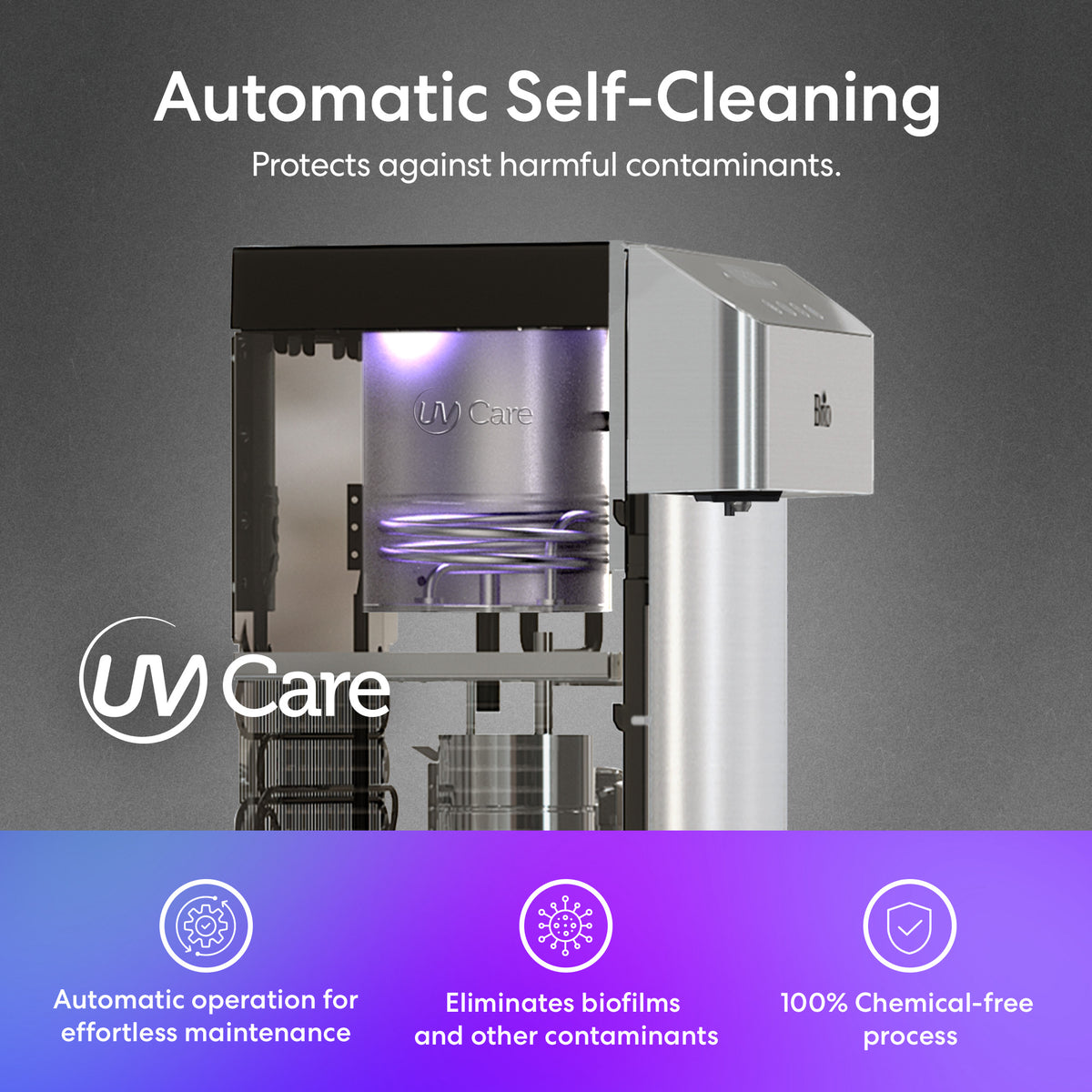 The Self-Cleaning Stainless Steel Bottom Load Water Dispenser - Moderna 730 features a sleek silver and black design with Automatic Self-Cleaning text, the UV Care logo, and icons showcasing effortless maintenance, biofilm elimination, and a 100% chemical-free process. This tri-temperature dispenser is equipped with advanced self-cleaning UV technology for superior hygiene and convenience.