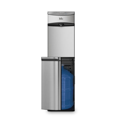 Brio 740 Series Bottom-loading stainless steel water dispenser with the door open, showing a large blue 5-gallon water bottle inside.