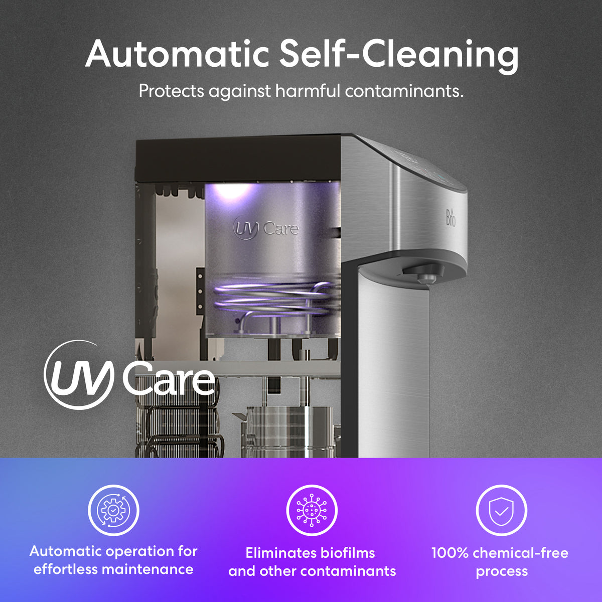 The Bottom Load Water Dispenser - Model 740 features a partially transparent front panel that reveals its inner components. Prominently displayed text highlights its tri-temperature dispensing, automatic self-cleaning UV Care system, and chemical-free operation. Icons indicate effortless maintenance and biofilm elimination for easy use and enhanced hygiene.
