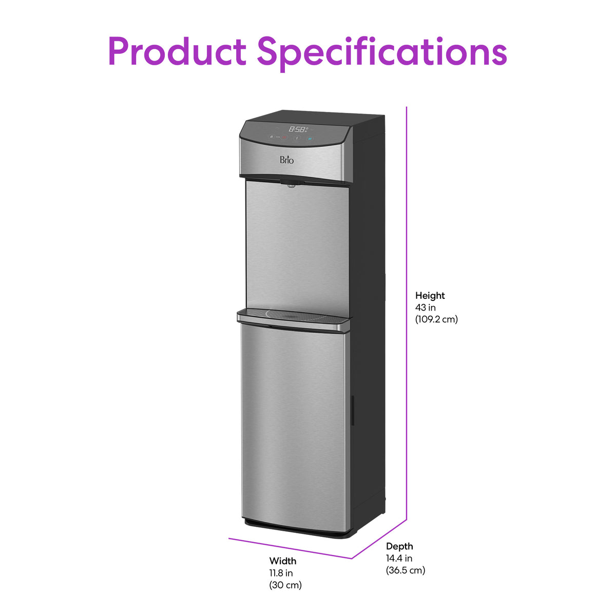 Product Specifications The Bottom Load Water Dispenser – Model 740 is displayed, featuring dimensions of height 43.1 in (109.2 cm), width 11.8 in (30 cm), and depth 14.4 in (36.5 cm). This stainless steel dispenser offers tri-temperature dispensing and a convenient self-cleaning UV function, blending stylish design with advanced functionality. “Product Specifications” appears at the top in purple text.