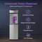 Experience the Bottom Load Tri-Temp Water Dispenser – Model 745: a sleek silver stainless steel water cooler with a modern beveled design. Enjoy no heavy lifting thanks to its convenient bottom-loading feature, choose from tri-temperature water dispenser settings, and benefit from advanced self-cleaning technology. Each benefit is highlighted by purple icons for easy reference.