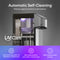 A sleek, modern Brio Bottom Load Tri-Temp Water Dispenser - Model 745 features an automatic self-cleaning system that operates automatically to remove biofilms through a chemical-free process. Promotional UW Care graphics are displayed below.