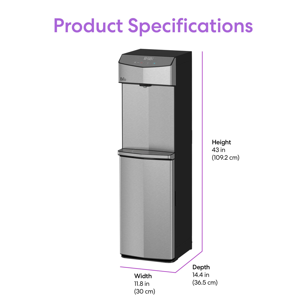 The Bottom Load Tri-Temp Water Dispenser - Model 745 features a stainless steel design with dimensions of 43 in (height), 11.8 in (width), and 14.4 in (depth). With “Product Specifications” displayed at the top in purple text, this bottom load water dispenser blends style and convenience, providing a dependable solution for accessing refreshing water in any environment.