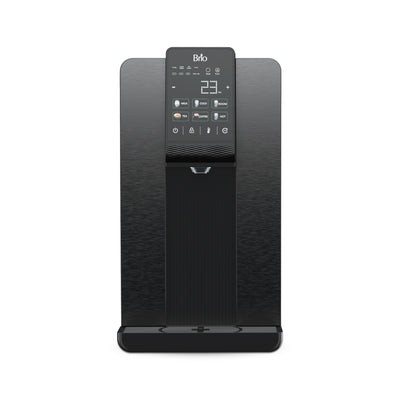 The Brio Q20 Reverse Osmosis Countertop Water Dispenser is a sleek black unit with a digital display and control panel, offering hot, cold, and room temperature water plus UV self-cleaning for purity and convenience.
