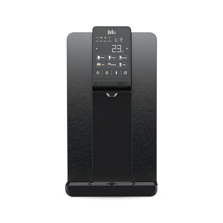 The Brio Q20 Reverse Osmosis Countertop Water Dispenser is a sleek black unit with a digital display and control panel, offering hot, cold, and room temperature water plus UV self-cleaning for purity and convenience.