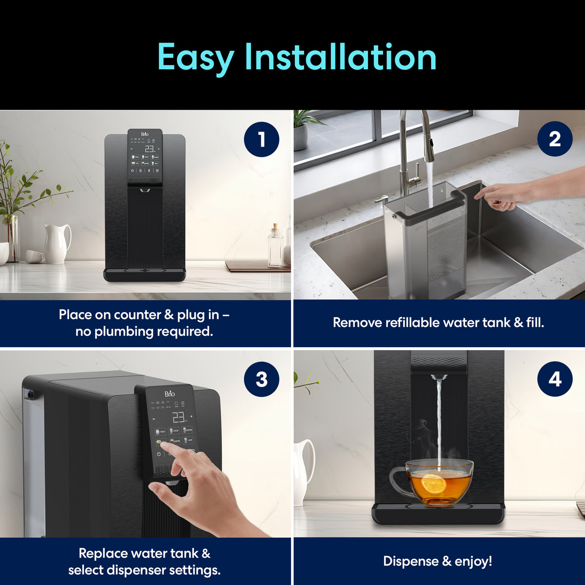 A four-step guide demonstrates placing the Reverse Osmosis Countertop Water Dispenser - Q20 on a counter, filling its refillable tank at the sink, inserting the tank into the dispenser, selecting your desired settings, and then dispensing hot water into a cup with a teabag. The Q20 features 3-stage reverse osmosis filtration for cleaner, fresher-tasting water.