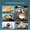 Six labeled images display preset temperatures for drinks—cold, room, hot, milk, coffee, and tea—each featuring corresponding temperature ranges and drink photos on a blue background. The graphics emphasize the versatility of the Reverse Osmosis Countertop Water Dispenser - Q20 with its refillable tank and advanced 3-stage reverse osmosis filtration system.