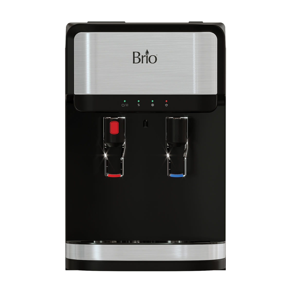 Front view of the 3-Stage Stainless Steel Bottleless Countertop Water Dispenser - 300 Series in black and silver, featuring two spouts with a red lever on the left and a blue lever on the right. Positioned above the spouts are indicator lights, showcasing its advanced 3-stage filtration system for delivering purified drinking water.
