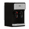 The 3-Stage Stainless Steel Bottleless Countertop Water Dispenser - 300 Series features a sleek black and stainless steel design, two spouts with red and blue levers for hot and cold water, innovative self-cleaning technology, an advanced 3-stage filtration system, and indicator lights above.