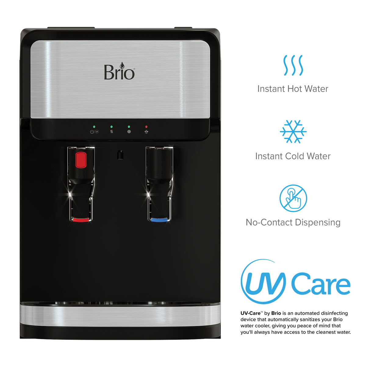 3-Stage Stainless Steel Bottleless Countertop Water Dispenser - 300 Series with hot and cold taps, clearly labeled for instant hot and cold water, features no-contact dispensing. This dispenser provides pure water with advanced 3-stage filtration and includes the UV Care logo on the right, highlighting its automated self-cleaning technology for continual sanitizing.